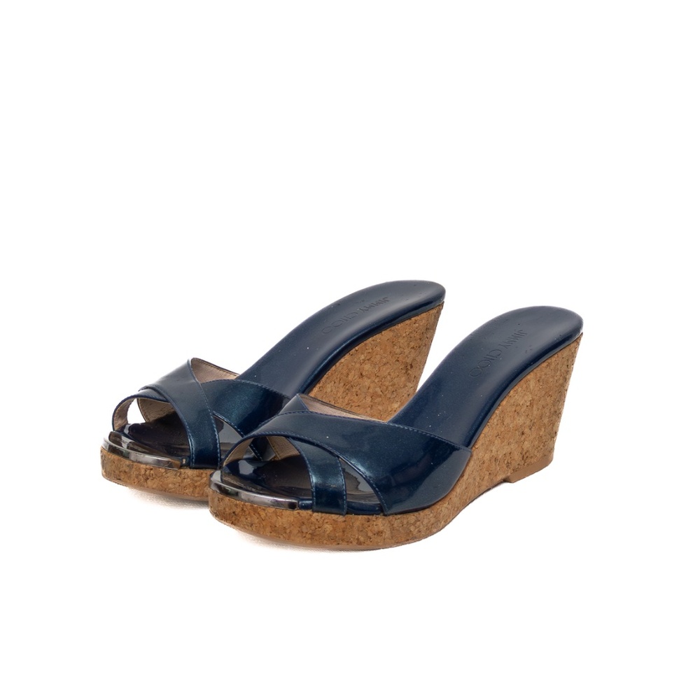 Jimmy‎ Choo Navy Blue Patent Leather Cork Wedge Sandals – Size 36 (US 6 / UK 3.5